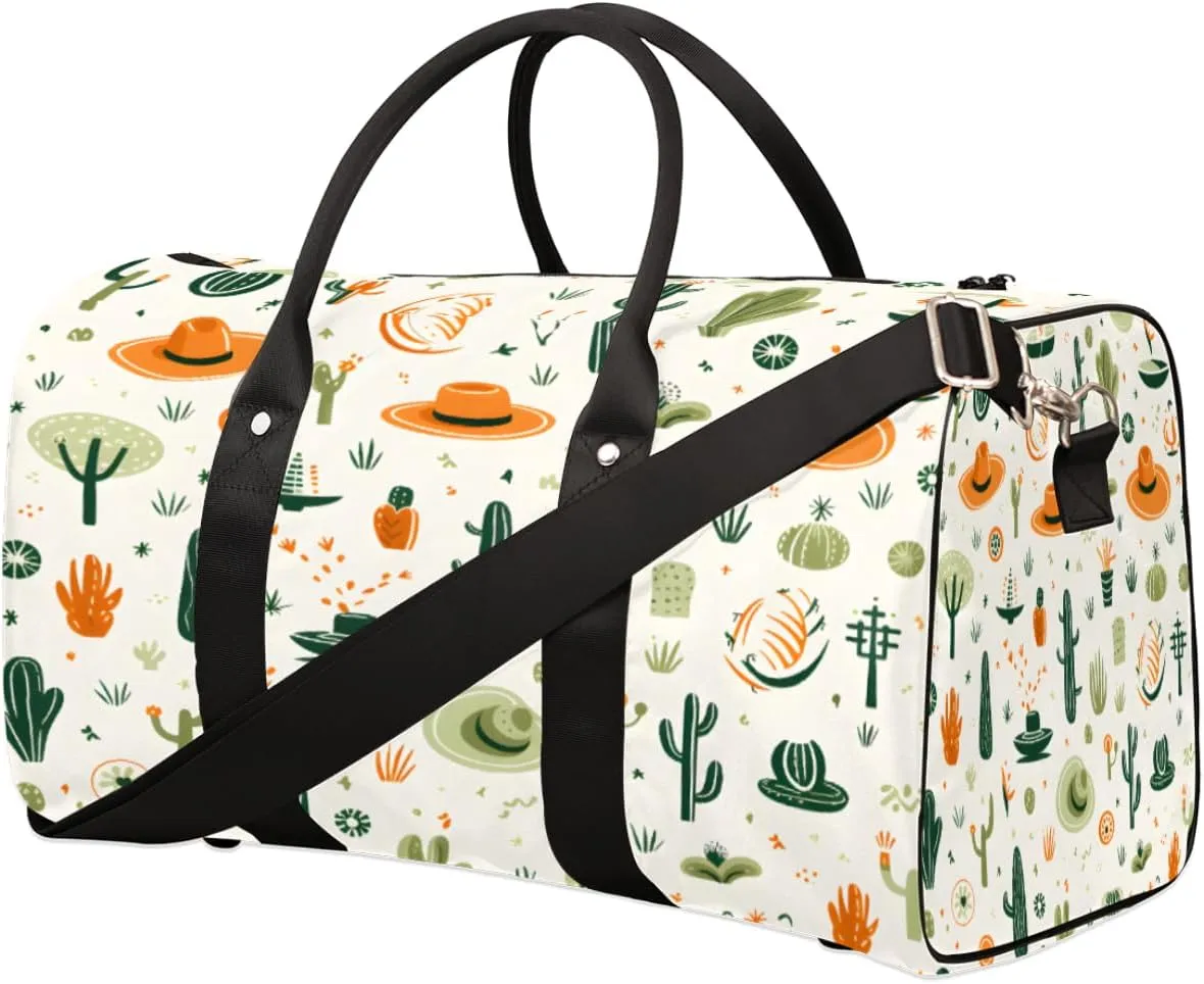 Duffel Bags Cactus and Hat Large Tote Bag Cactus Overnight Travel Bags for Women Men Lightweight Duffel Bag Adjustable Strap Carry On Bag Waterproof Gym Travel Bag