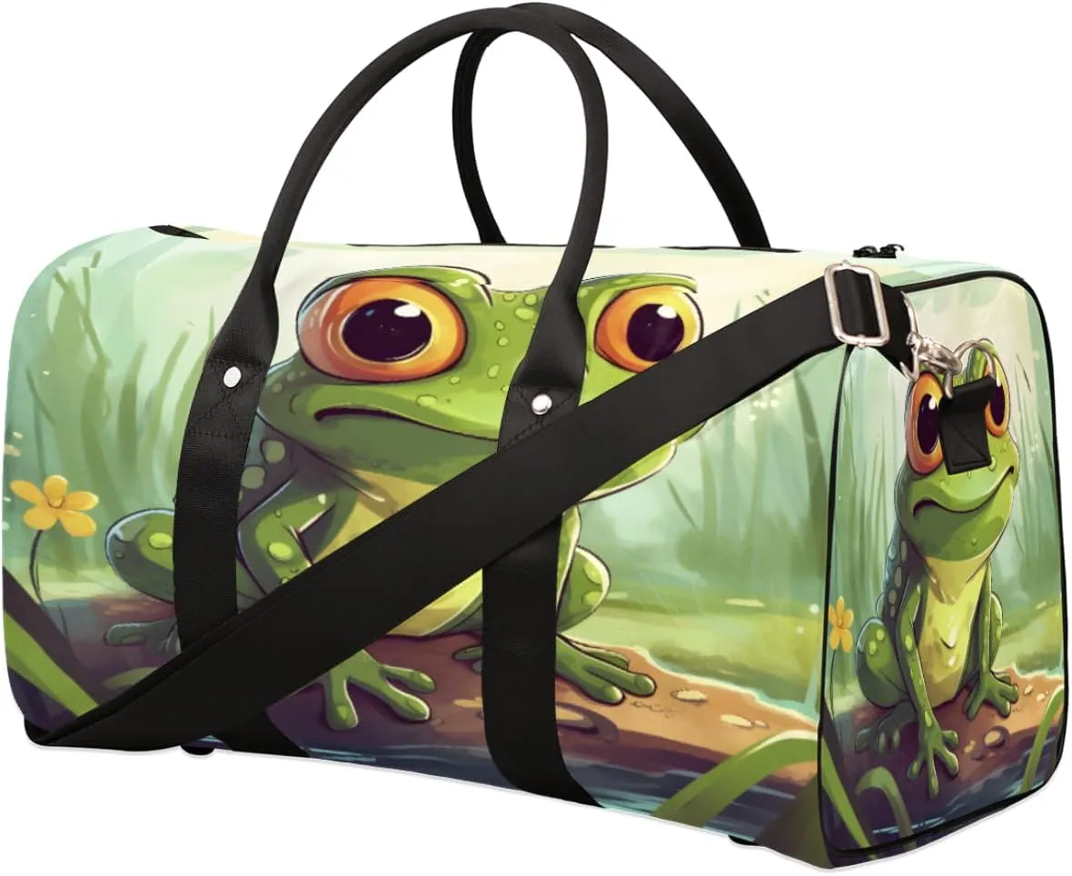 Duffel Bags Green Frog Large Tote Bag Cute Pond Frog Overnight Travel Bags for Women Men Lightweight Duffel Bag Adjustable Strap Carry On Bag Waterproof Gym Travel Bag
