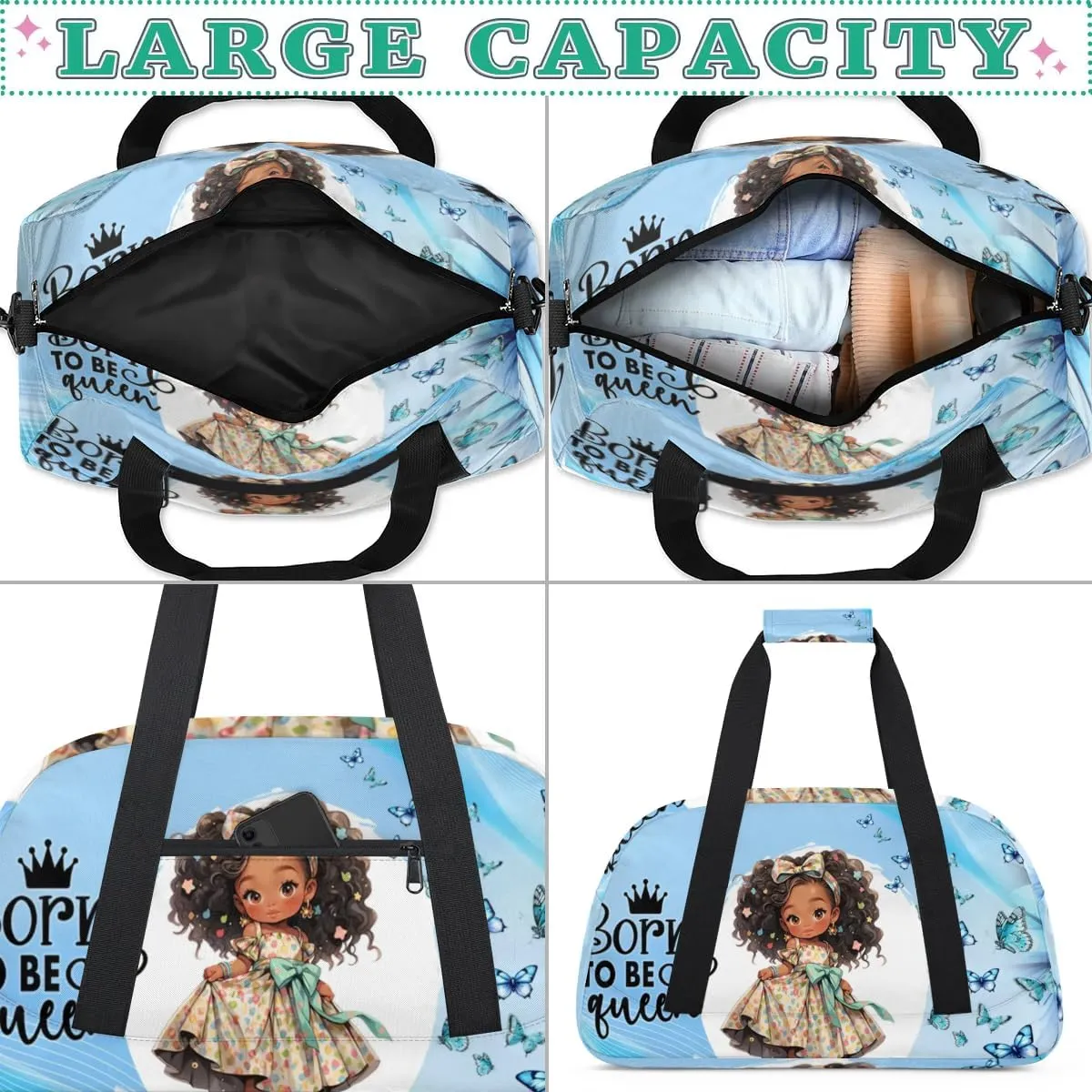Duffle Bag African Girl Beautiful Butterfly PersonalizedGym Bag Travel Bag Luggage Bag Waterproof Lightweight Sports for Dance Gymnastics Cheers Soccer Wrestling Hospital, for Weekender Overnight