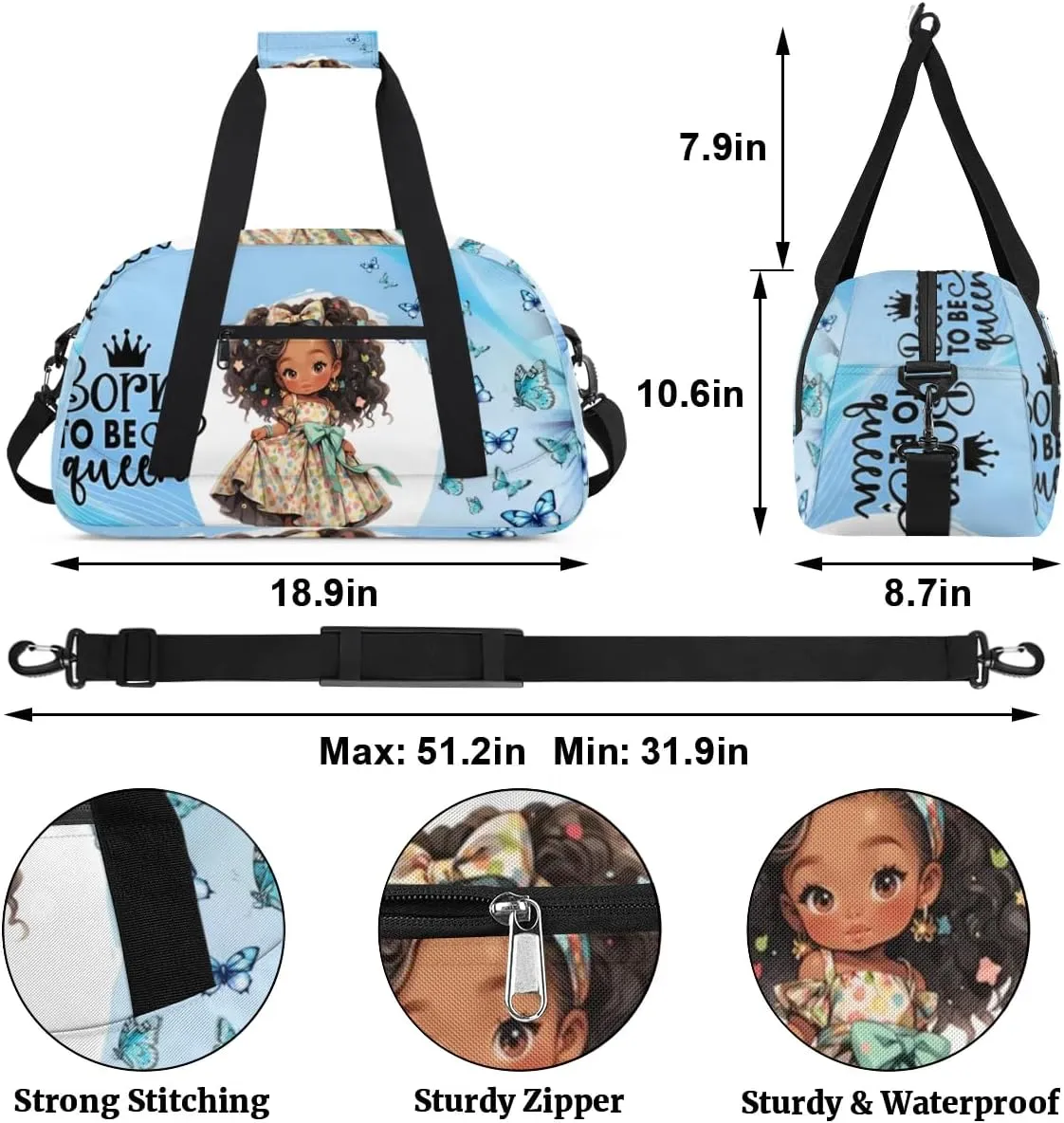 Duffle Bag African Girl Beautiful Butterfly PersonalizedGym Bag Travel Bag Luggage Bag Waterproof Lightweight Sports for Dance Gymnastics Cheers Soccer Wrestling Hospital, for Weekender Overnight