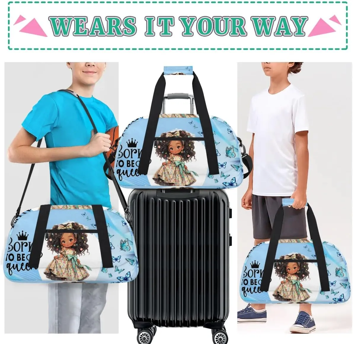 Duffle Bag African Girl Beautiful Butterfly PersonalizedGym Bag Travel Bag Luggage Bag Waterproof Lightweight Sports for Dance Gymnastics Cheers Soccer Wrestling Hospital, for Weekender Overnight
