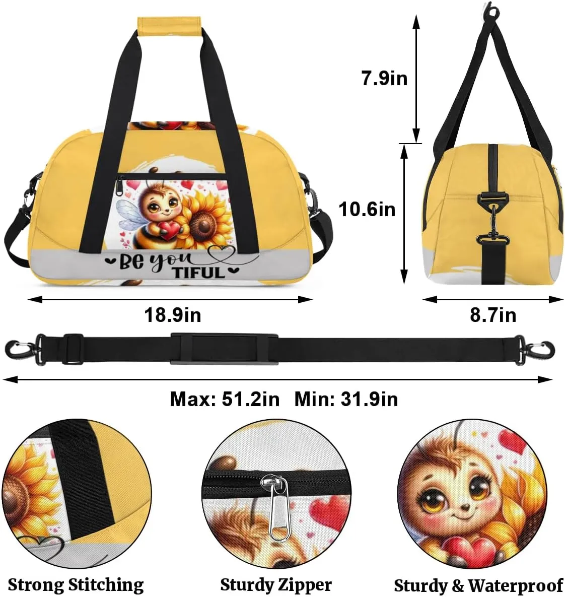 Duffle Bag Bee Sunflower Flower PersonalizedGym Bag Travel Bag Luggage Bag Waterproof Lightweight Sports for Dance Gymnastics Cheers Soccer Wrestling Hospital, for Weekender Overnight