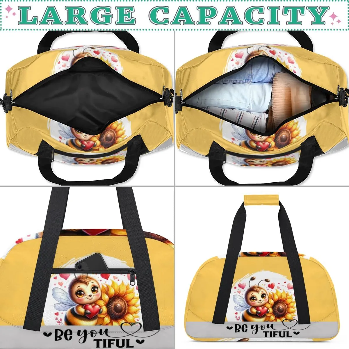 Duffle Bag Bee Sunflower Flower PersonalizedGym Bag Travel Bag Luggage Bag Waterproof Lightweight Sports for Dance Gymnastics Cheers Soccer Wrestling Hospital, for Weekender Overnight
