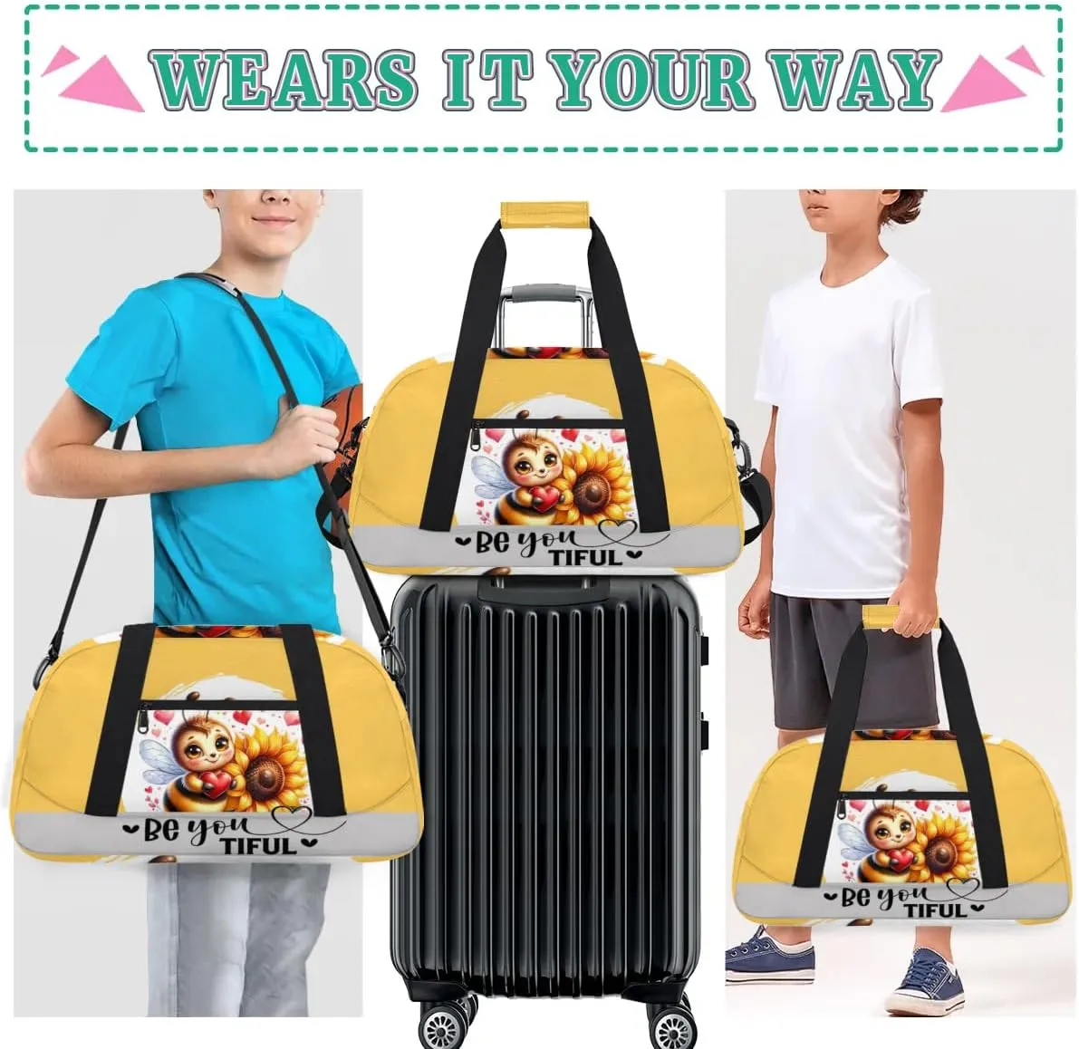 Duffle Bag Bee Sunflower Flower PersonalizedGym Bag Travel Bag Luggage Bag Waterproof Lightweight Sports for Dance Gymnastics Cheers Soccer Wrestling Hospital, for Weekender Overnight