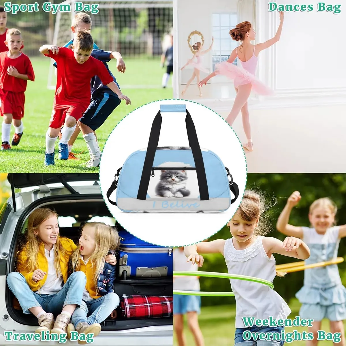 Duffle Bag Blue Animal Cat PersonalizedGym Bag Travel Bag Luggage Bag Waterproof Lightweight Sports for Dance Gymnastics Cheers Soccer Wrestling Hospital, for Weekender Overnight