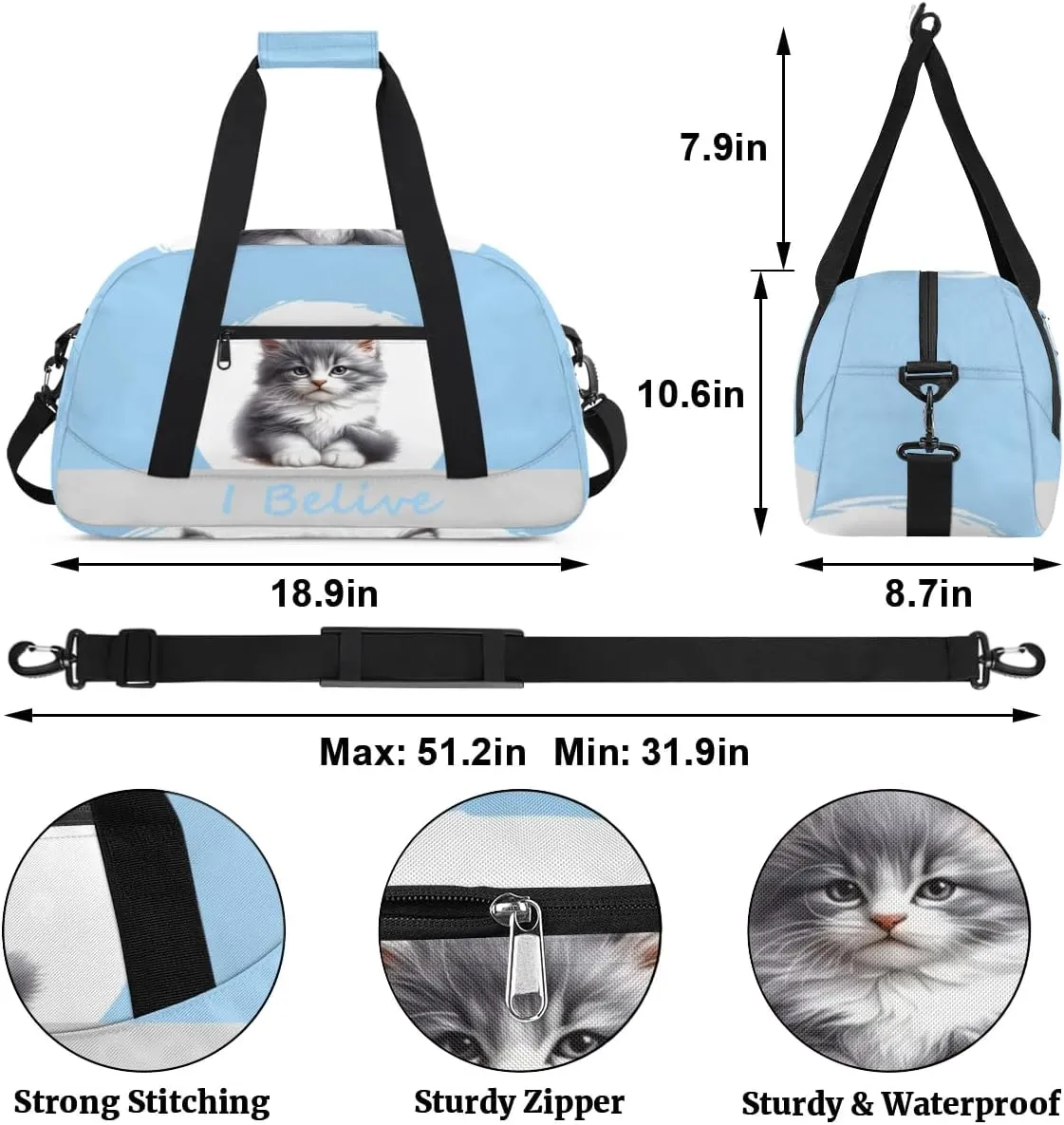 Duffle Bag Blue Animal Cat PersonalizedGym Bag Travel Bag Luggage Bag Waterproof Lightweight Sports for Dance Gymnastics Cheers Soccer Wrestling Hospital, for Weekender Overnight