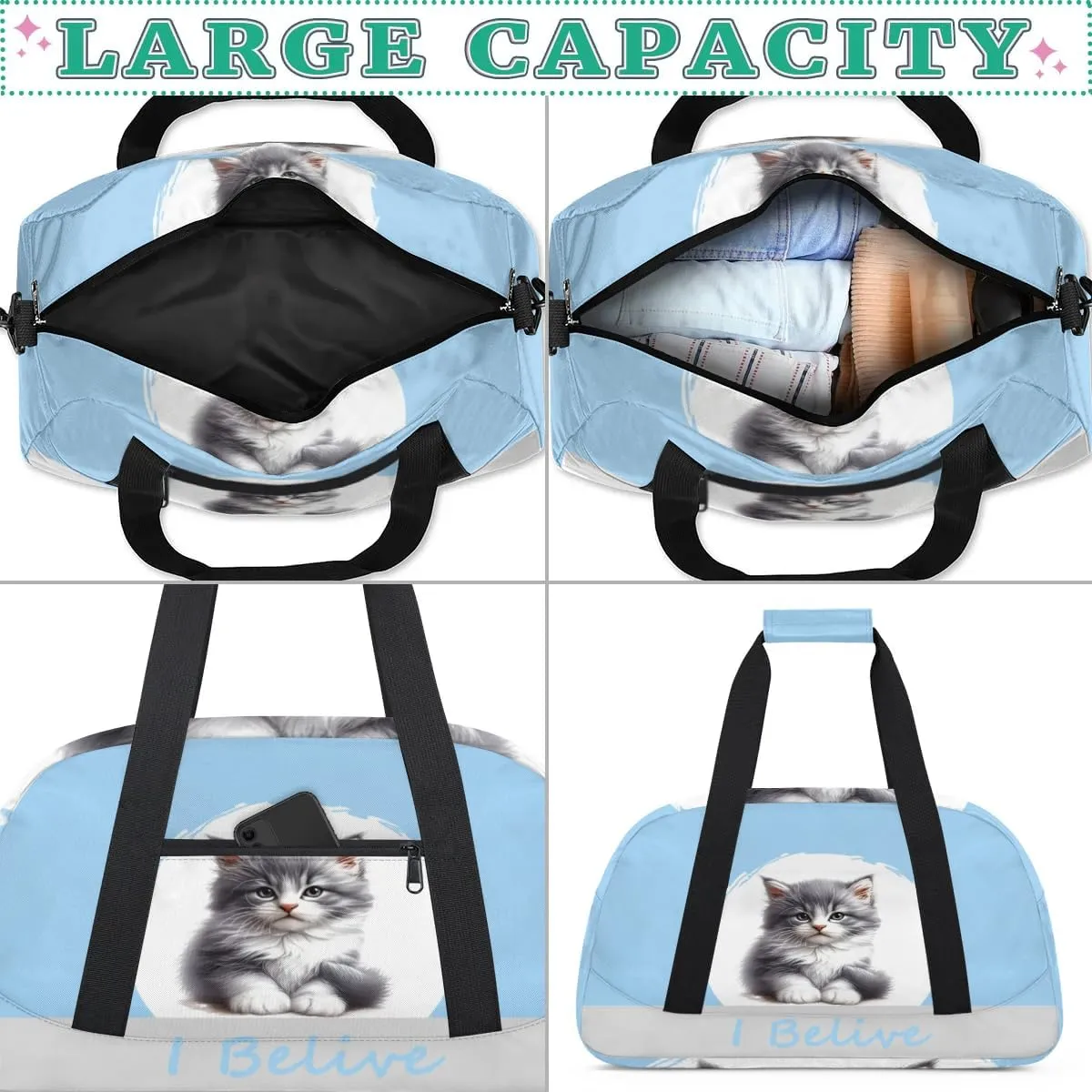 Duffle Bag Blue Animal Cat PersonalizedGym Bag Travel Bag Luggage Bag Waterproof Lightweight Sports for Dance Gymnastics Cheers Soccer Wrestling Hospital, for Weekender Overnight