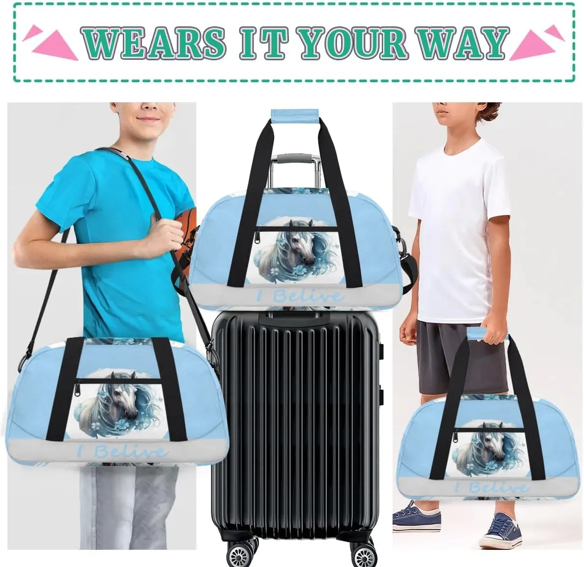 Duffle Bag Blue Animal Horse PersonalizedGym Bag Travel Bag Luggage Bag Waterproof Lightweight Sports for Dance Gymnastics Cheers Soccer Wrestling Hospital, for Weekender Overnight