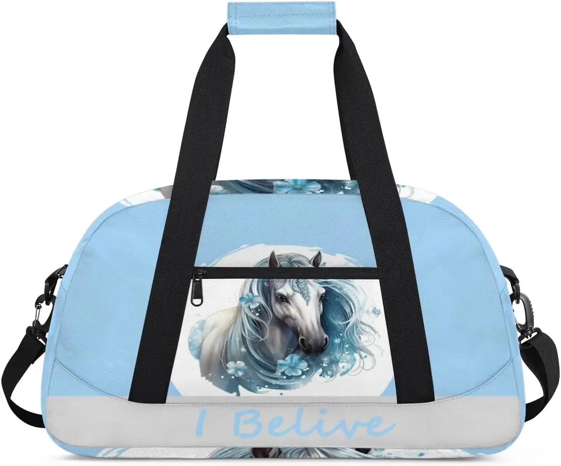 Duffle Bag Blue Animal Horse PersonalizedGym Bag Travel Bag Luggage Bag Waterproof Lightweight Sports for Dance Gymnastics Cheers Soccer Wrestling Hospital, for Weekender Overnight