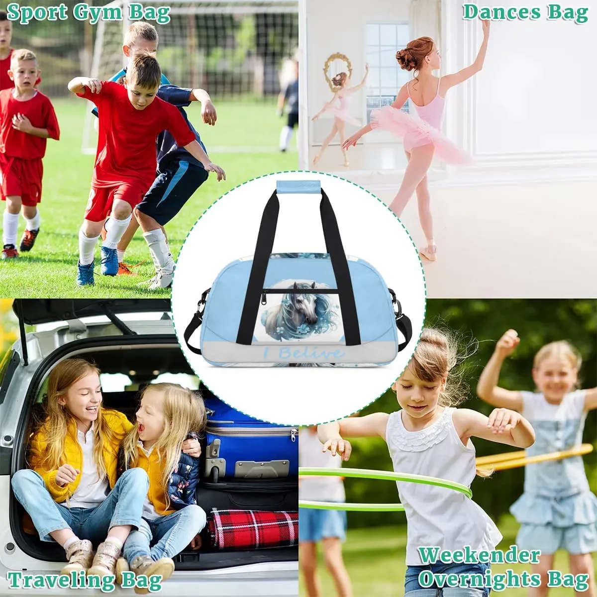 Duffle Bag Blue Animal Horse PersonalizedGym Bag Travel Bag Luggage Bag Waterproof Lightweight Sports for Dance Gymnastics Cheers Soccer Wrestling Hospital, for Weekender Overnight