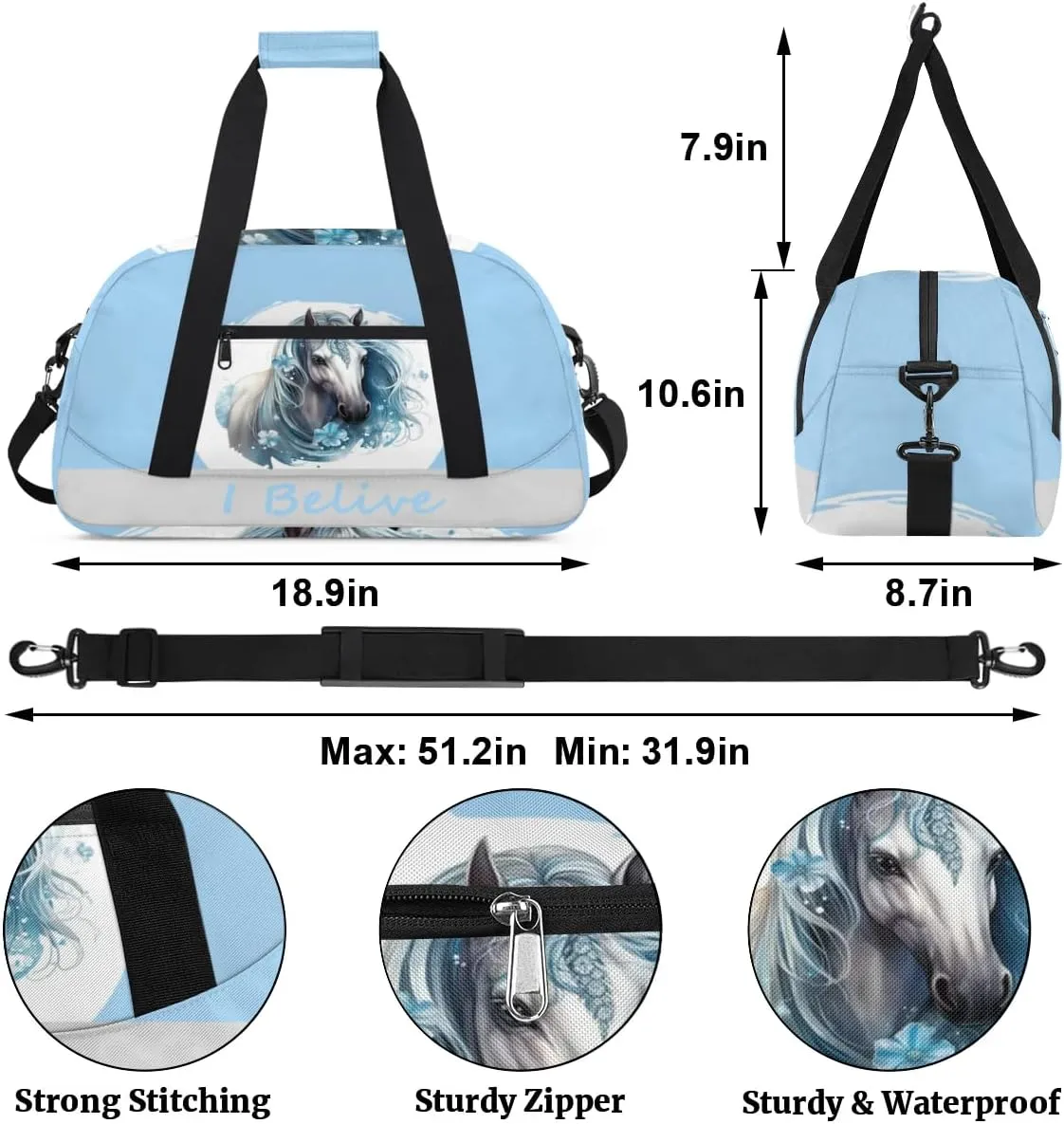 Duffle Bag Blue Animal Horse PersonalizedGym Bag Travel Bag Luggage Bag Waterproof Lightweight Sports for Dance Gymnastics Cheers Soccer Wrestling Hospital, for Weekender Overnight