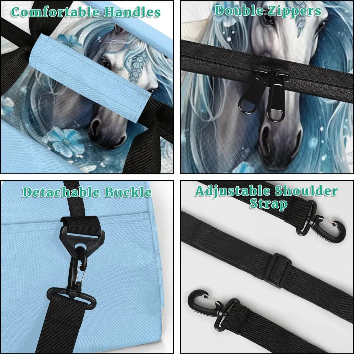 Duffle Bag Blue Animal Horse PersonalizedGym Bag Travel Bag Luggage Bag Waterproof Lightweight Sports for Dance Gymnastics Cheers Soccer Wrestling Hospital, for Weekender Overnight