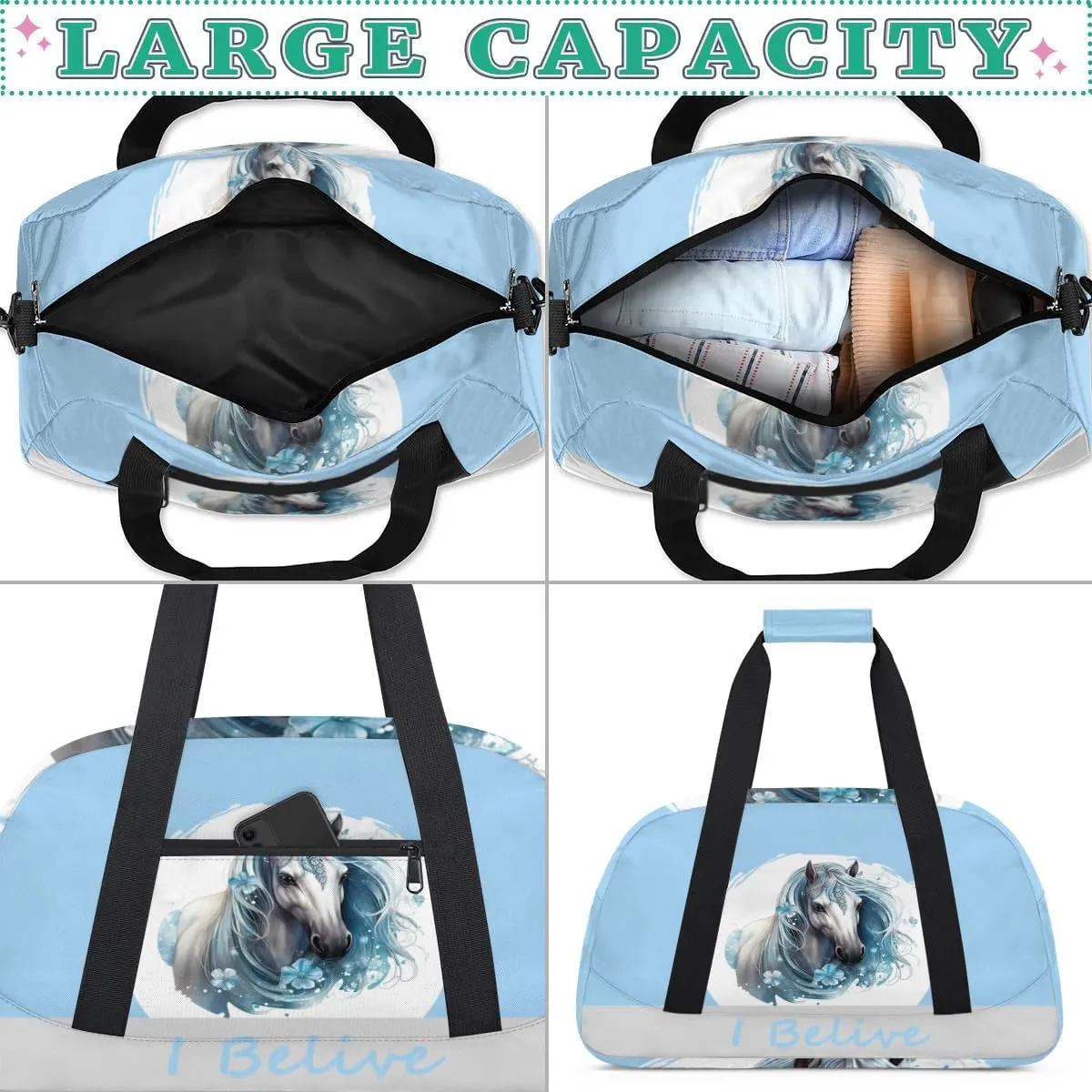 Duffle Bag Blue Animal Horse PersonalizedGym Bag Travel Bag Luggage Bag Waterproof Lightweight Sports for Dance Gymnastics Cheers Soccer Wrestling Hospital, for Weekender Overnight
