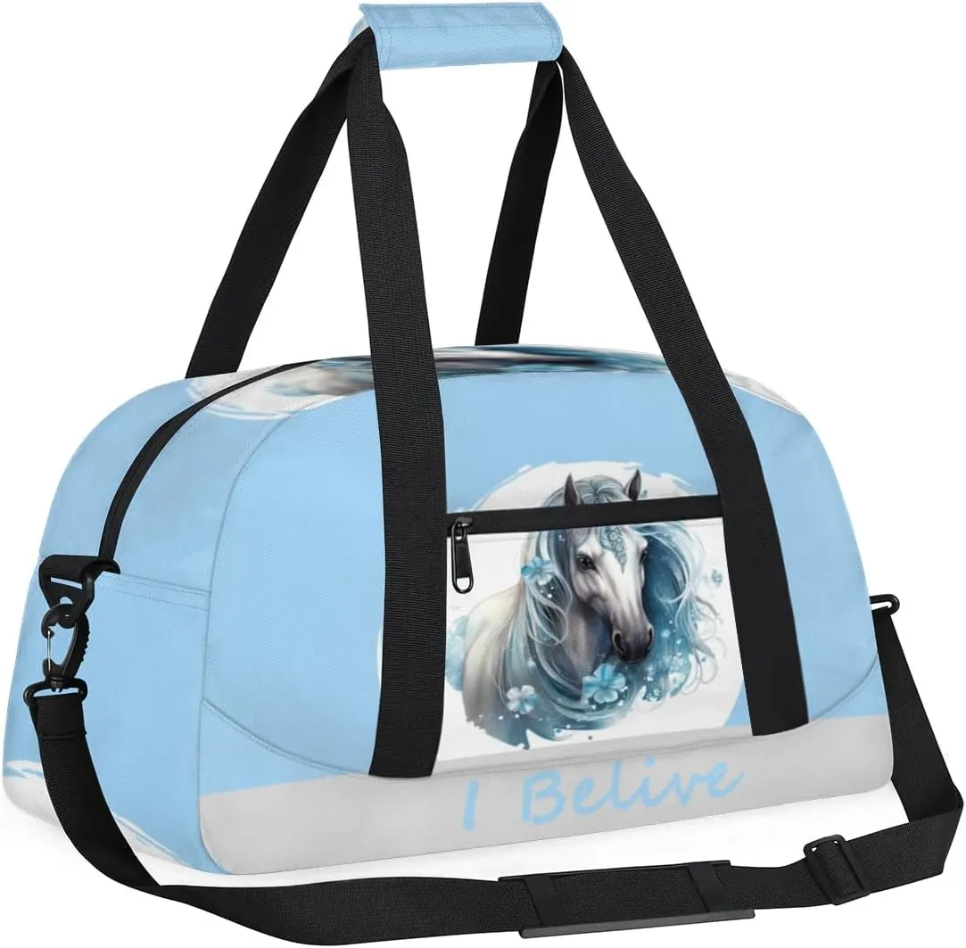 Duffle Bag Blue Animal Horse PersonalizedGym Bag Travel Bag Luggage Bag Waterproof Lightweight Sports for Dance Gymnastics Cheers Soccer Wrestling Hospital, for Weekender Overnight