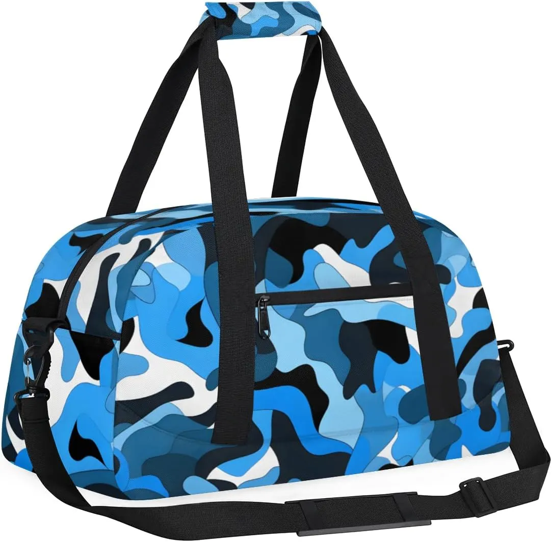 Duffle Bag Blue Black Camouflage Gym Bag Travel Bag Luggage Bag Waterproof Lightweight Sports for Dance Gymnastics Cheers Soccer Wrestling Hospital, for Weekender Overnight