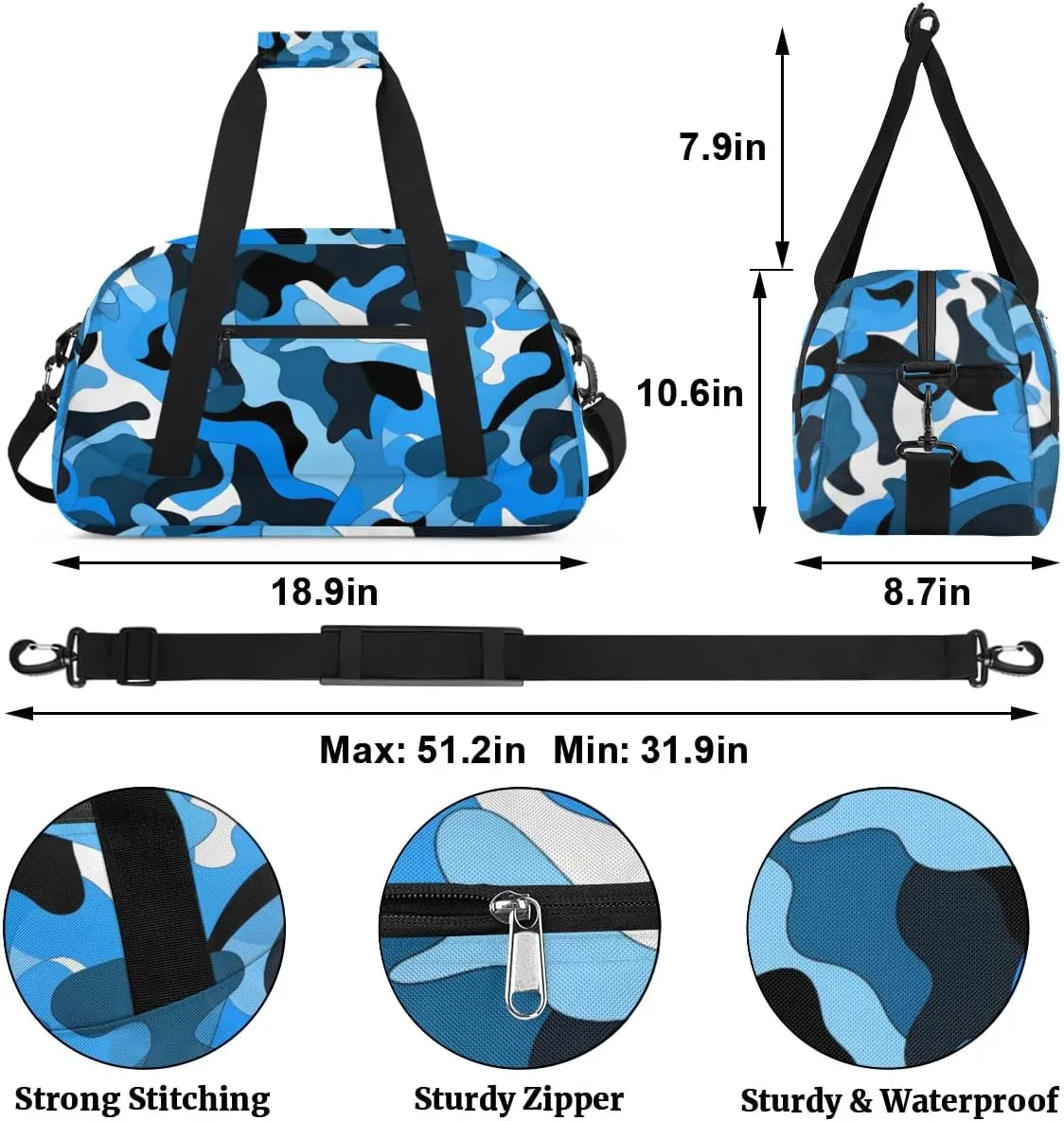 Duffle Bag Blue Black Camouflage Gym Bag Travel Bag Luggage Bag Waterproof Lightweight Sports for Dance Gymnastics Cheers Soccer Wrestling Hospital, for Weekender Overnight