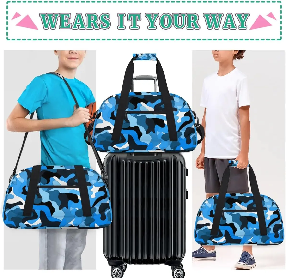 Duffle Bag Blue Black Camouflage Gym Bag Travel Bag Luggage Bag Waterproof Lightweight Sports for Dance Gymnastics Cheers Soccer Wrestling Hospital, for Weekender Overnight