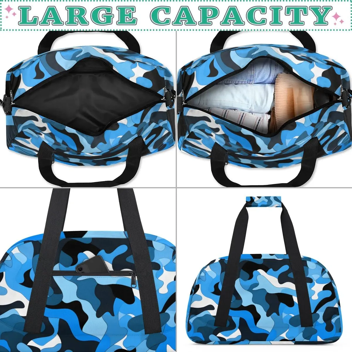 Duffle Bag Blue Black Camouflage Gym Bag Travel Bag Luggage Bag Waterproof Lightweight Sports for Dance Gymnastics Cheers Soccer Wrestling Hospital, for Weekender Overnight