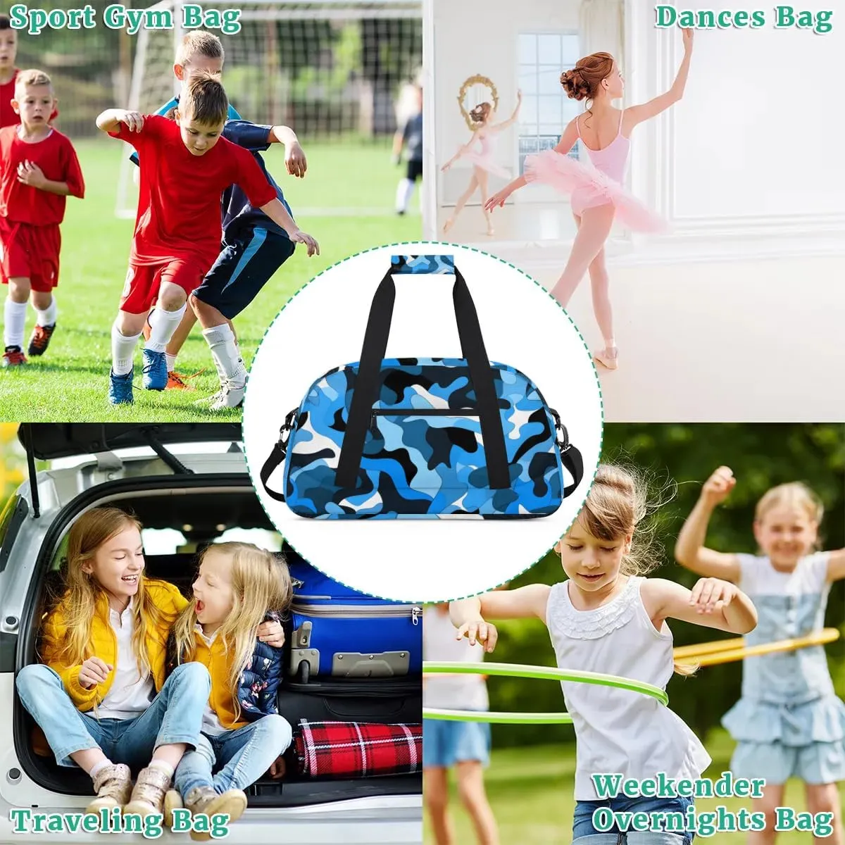 Duffle Bag Blue Black Camouflage Gym Bag Travel Bag Luggage Bag Waterproof Lightweight Sports for Dance Gymnastics Cheers Soccer Wrestling Hospital, for Weekender Overnight