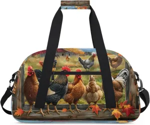Duffle Bag Chicken Maple Leaf Tree Pastoral Gym Bag Travel Bag Luggage Bag Waterproof Lightweight Sports for Dance Gymnastics Cheers Soccer Wrestling Hospital, for Weekender Overnight