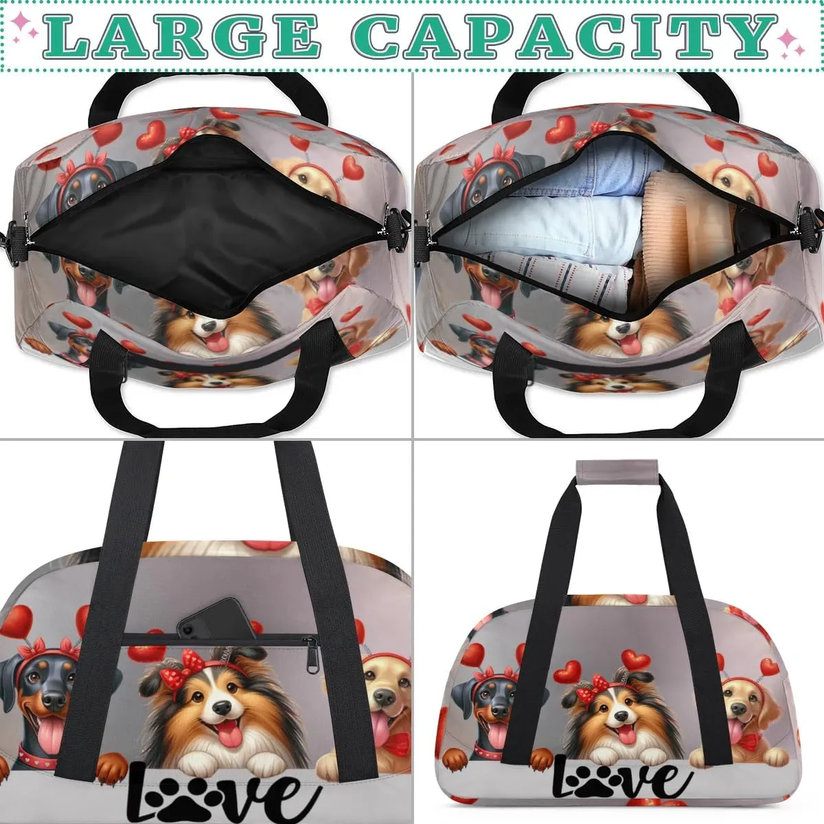 Duffle Bag Cute Dog Love PersonalizedGym Bag Travel Bag Luggage Bag Waterproof Lightweight Sports for Dance Gymnastics Cheers Soccer Wrestling Hospital, for Weekender Overnight