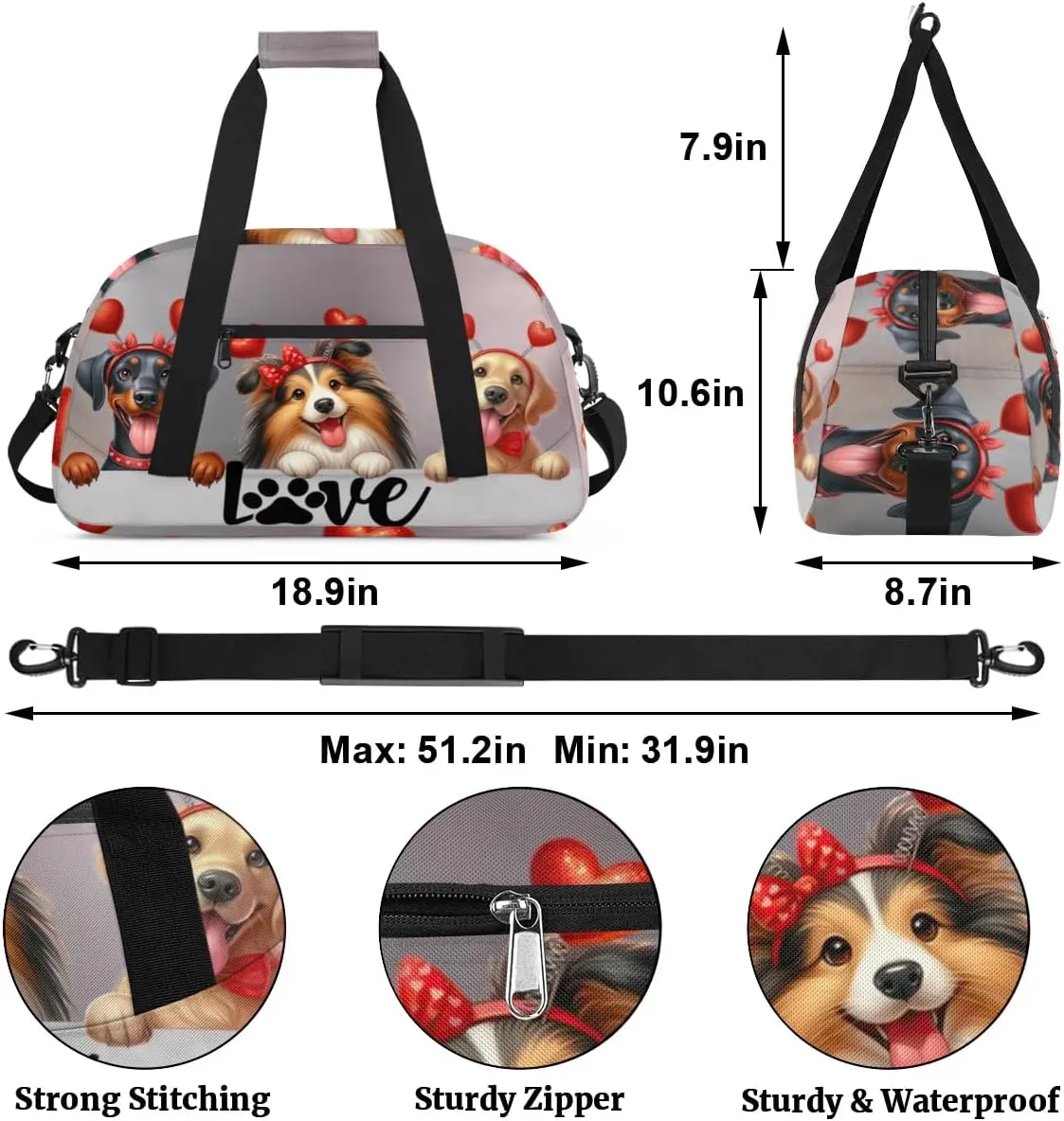 Duffle Bag Cute Dog Love PersonalizedGym Bag Travel Bag Luggage Bag Waterproof Lightweight Sports for Dance Gymnastics Cheers Soccer Wrestling Hospital, for Weekender Overnight