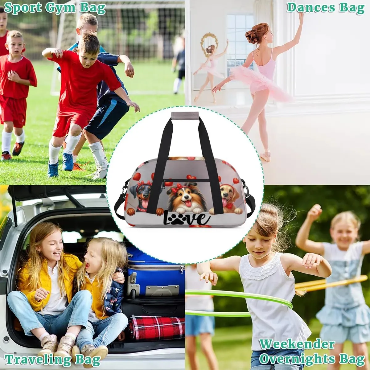 Duffle Bag Cute Dog Love PersonalizedGym Bag Travel Bag Luggage Bag Waterproof Lightweight Sports for Dance Gymnastics Cheers Soccer Wrestling Hospital, for Weekender Overnight
