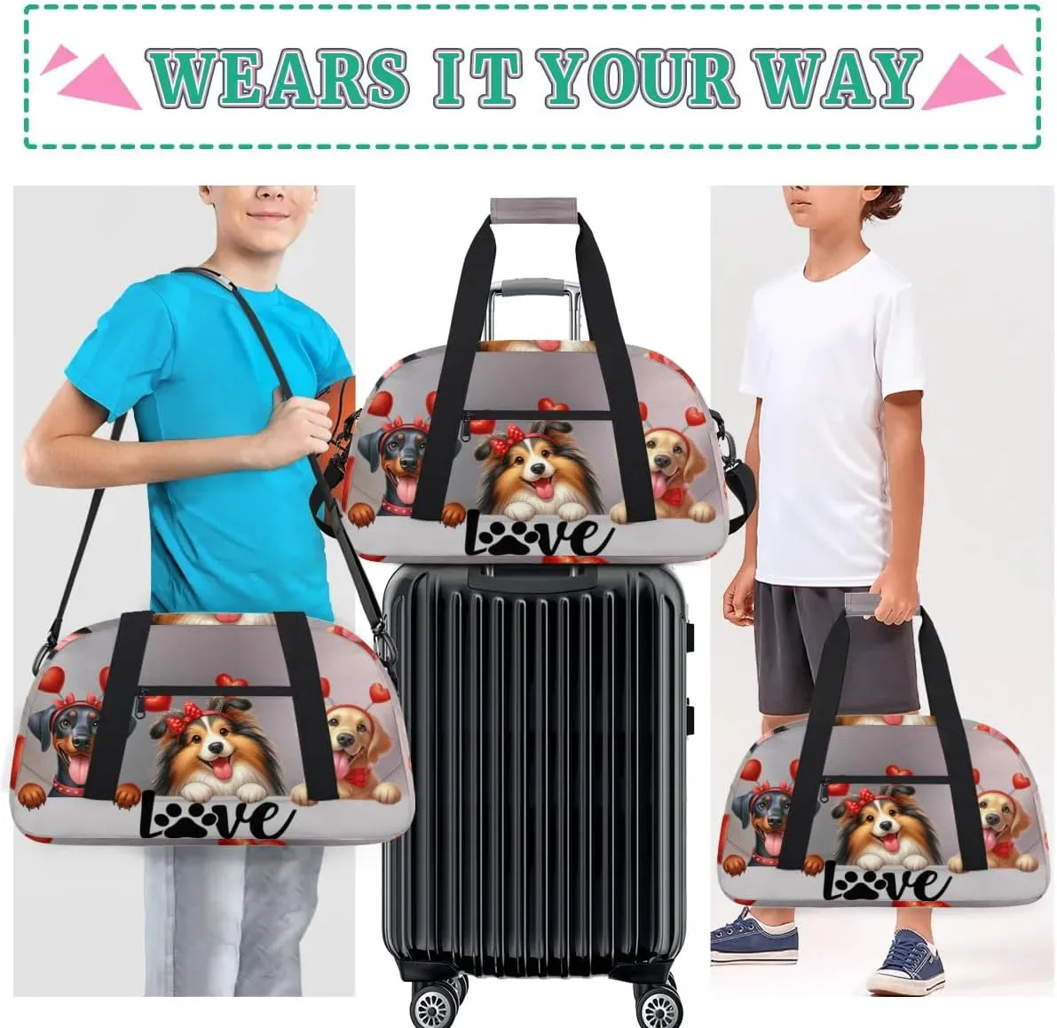 Duffle Bag Cute Dog Love PersonalizedGym Bag Travel Bag Luggage Bag Waterproof Lightweight Sports for Dance Gymnastics Cheers Soccer Wrestling Hospital, for Weekender Overnight