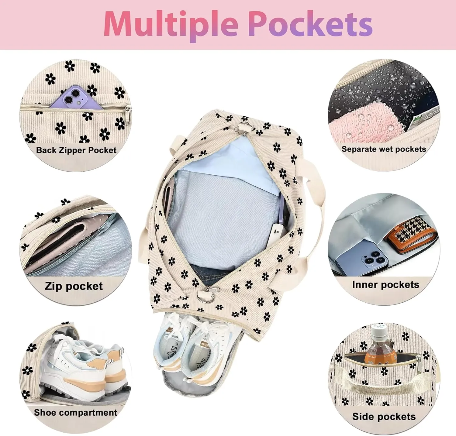 Duffle Bag for Woman Corduroy Gymnastics Sports Bag for Kids Dance Girls with Shoe Compartments