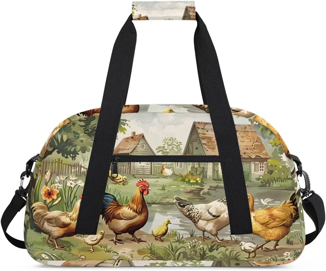 Duffle Bag Pastoral Chicken Yard Animals Gym Bag Travel Bag Luggage Bag Waterproof Lightweight Sports for Dance Gymnastics Cheers Soccer Wrestling Hospital, for Weekender Overnight