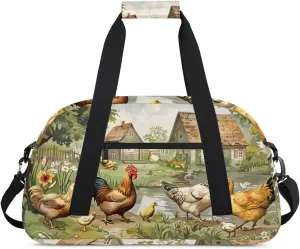 Duffle Bag Pastoral Chicken Yard Animals Gym Bag Travel Bag Luggage Bag Waterproof Lightweight Sports for Dance Gymnastics Cheers Soccer Wrestling Hospital, for Weekender Overnight