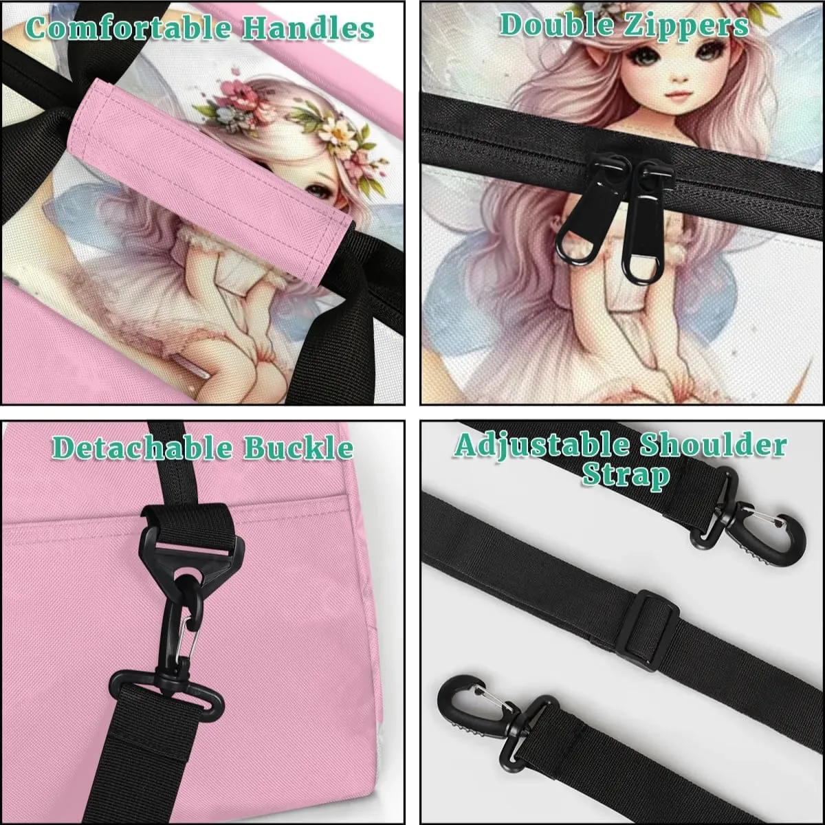 Duffle Bag Pink Elegant Fairy PersonalizedGym Bag Travel Bag Luggage Bag Waterproof Lightweight Sports for Dance Gymnastics Cheers Soccer Wrestling Hospital, for Weekender Overnight