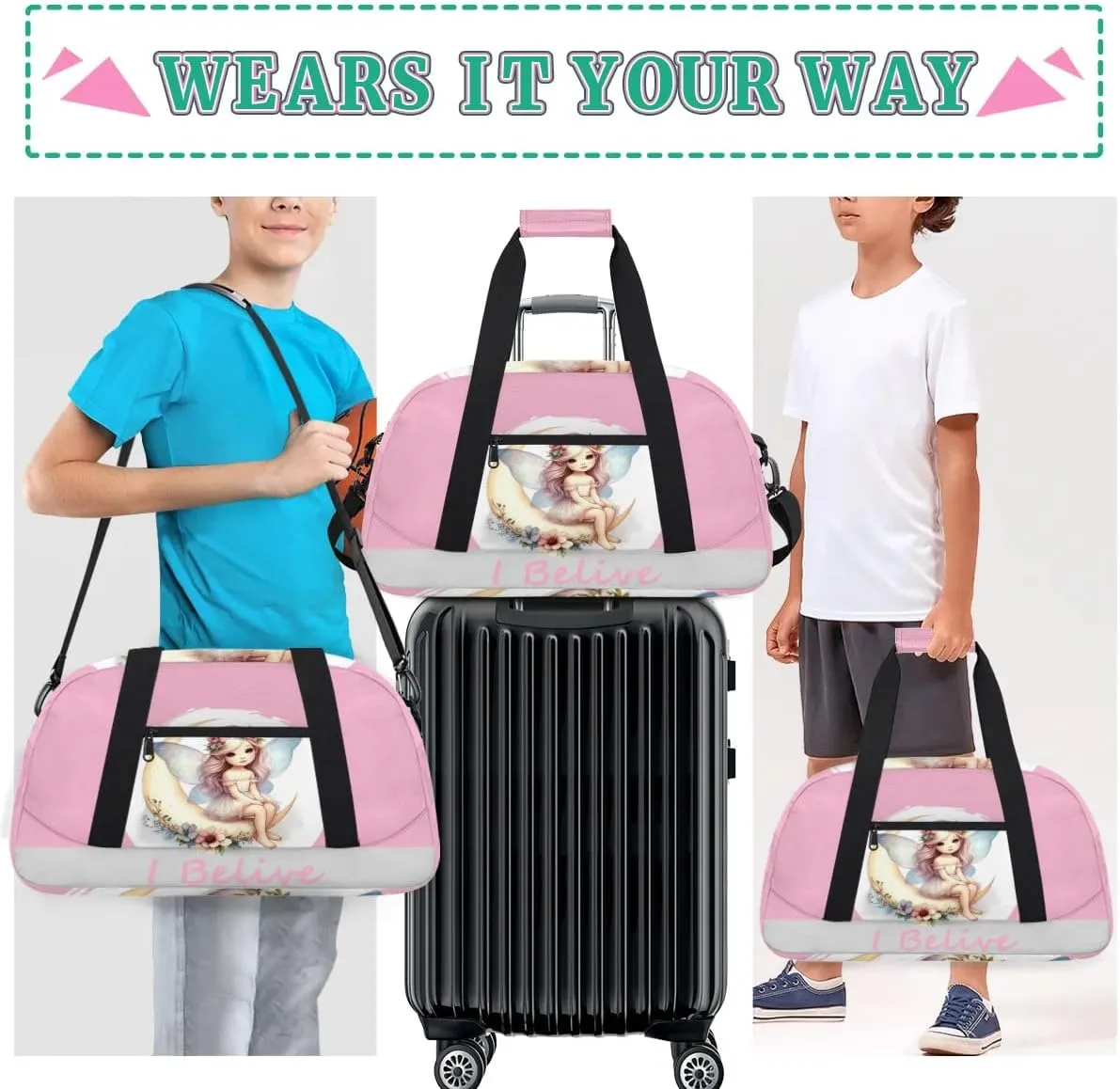 Duffle Bag Pink Elegant Fairy PersonalizedGym Bag Travel Bag Luggage Bag Waterproof Lightweight Sports for Dance Gymnastics Cheers Soccer Wrestling Hospital, for Weekender Overnight