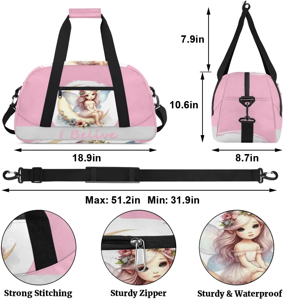 Duffle Bag Pink Elegant Fairy PersonalizedGym Bag Travel Bag Luggage Bag Waterproof Lightweight Sports for Dance Gymnastics Cheers Soccer Wrestling Hospital, for Weekender Overnight
