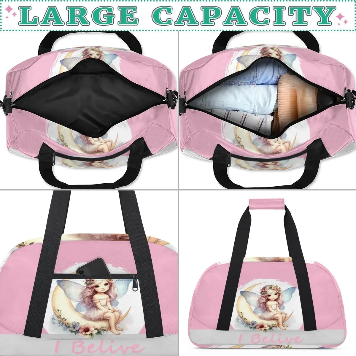 Duffle Bag Pink Elegant Fairy PersonalizedGym Bag Travel Bag Luggage Bag Waterproof Lightweight Sports for Dance Gymnastics Cheers Soccer Wrestling Hospital, for Weekender Overnight