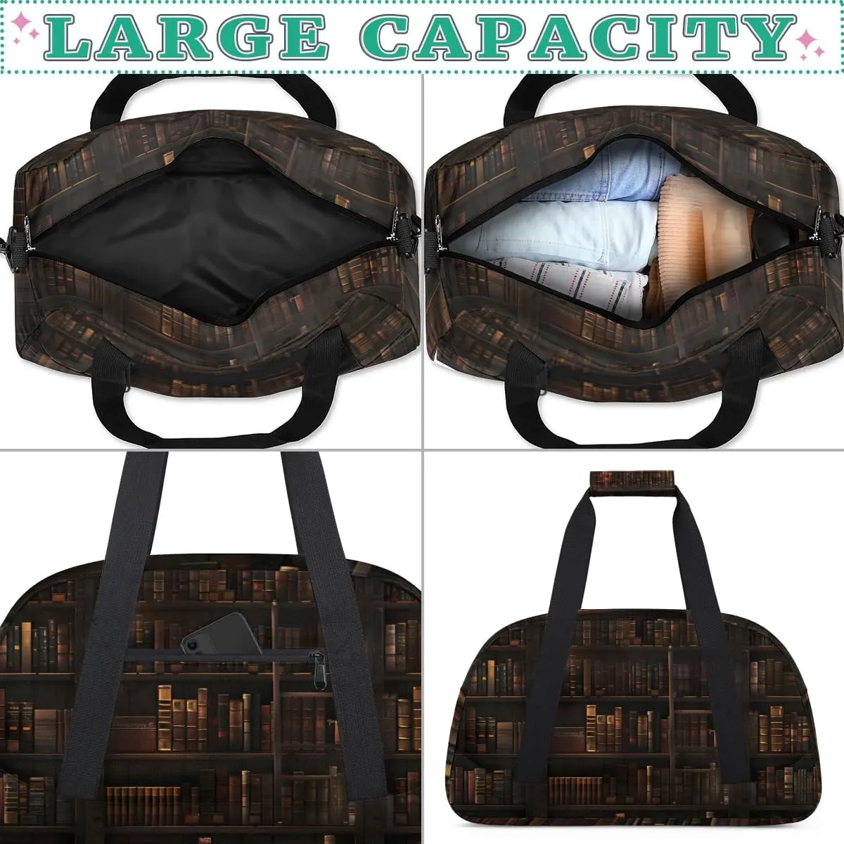 Duffle Bag Retro Book Shelf Gym Bag Travel Bag Luggage Bag Waterproof Lightweight Sports for Dance Gymnastics Cheers Soccer Wrestling Hospital, for Weekender Overnight