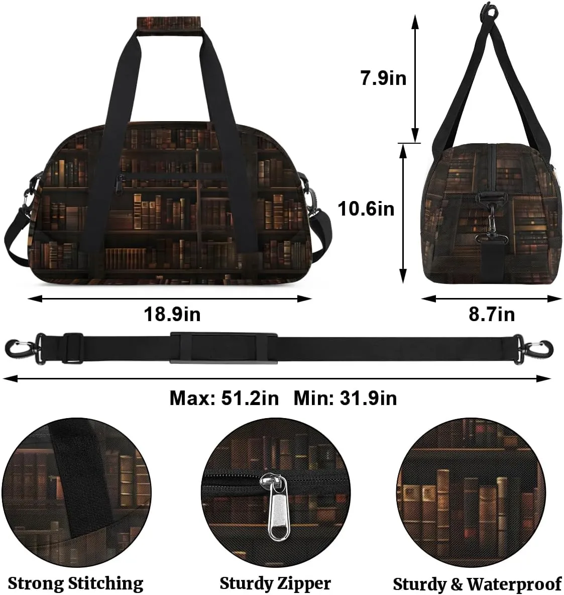 Duffle Bag Retro Book Shelf Gym Bag Travel Bag Luggage Bag Waterproof Lightweight Sports for Dance Gymnastics Cheers Soccer Wrestling Hospital, for Weekender Overnight