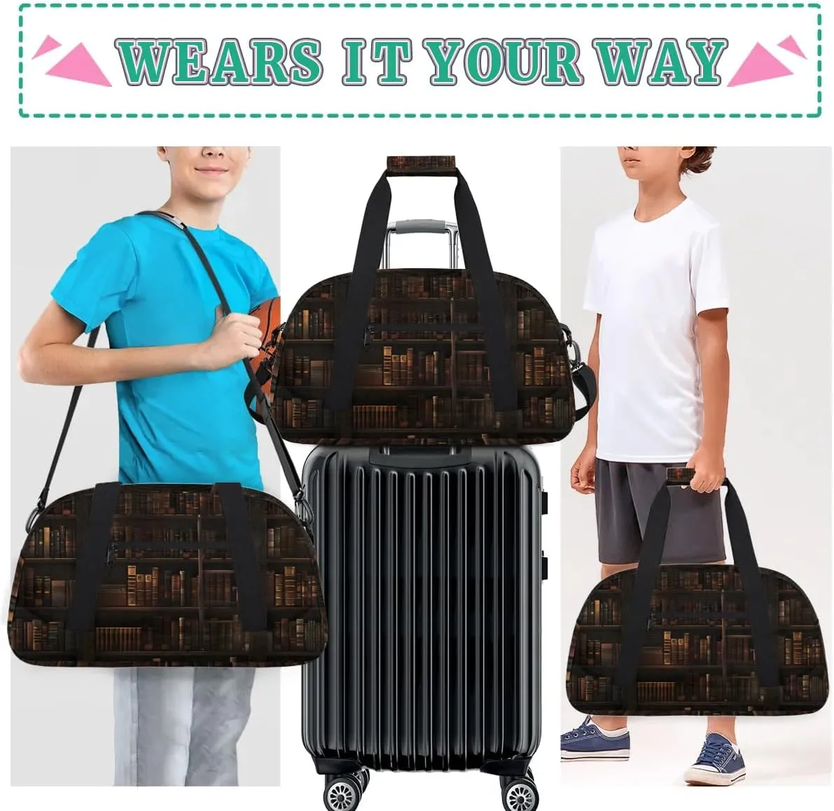 Duffle Bag Retro Book Shelf Gym Bag Travel Bag Luggage Bag Waterproof Lightweight Sports for Dance Gymnastics Cheers Soccer Wrestling Hospital, for Weekender Overnight