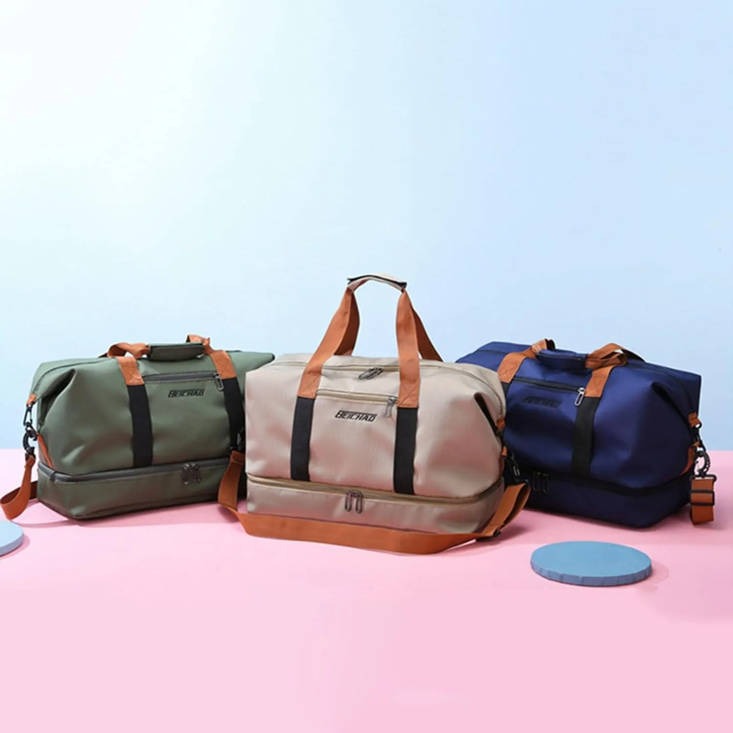 Duffle Bag with Independent Shoe Holder,Large Capacity,Canvas Material,Reusable Strong Load Bearing Multi-Pocket Storage Splash-Proof Dry Wet Outdoor Fitness Bag Travel Supplies for Men Women Blue