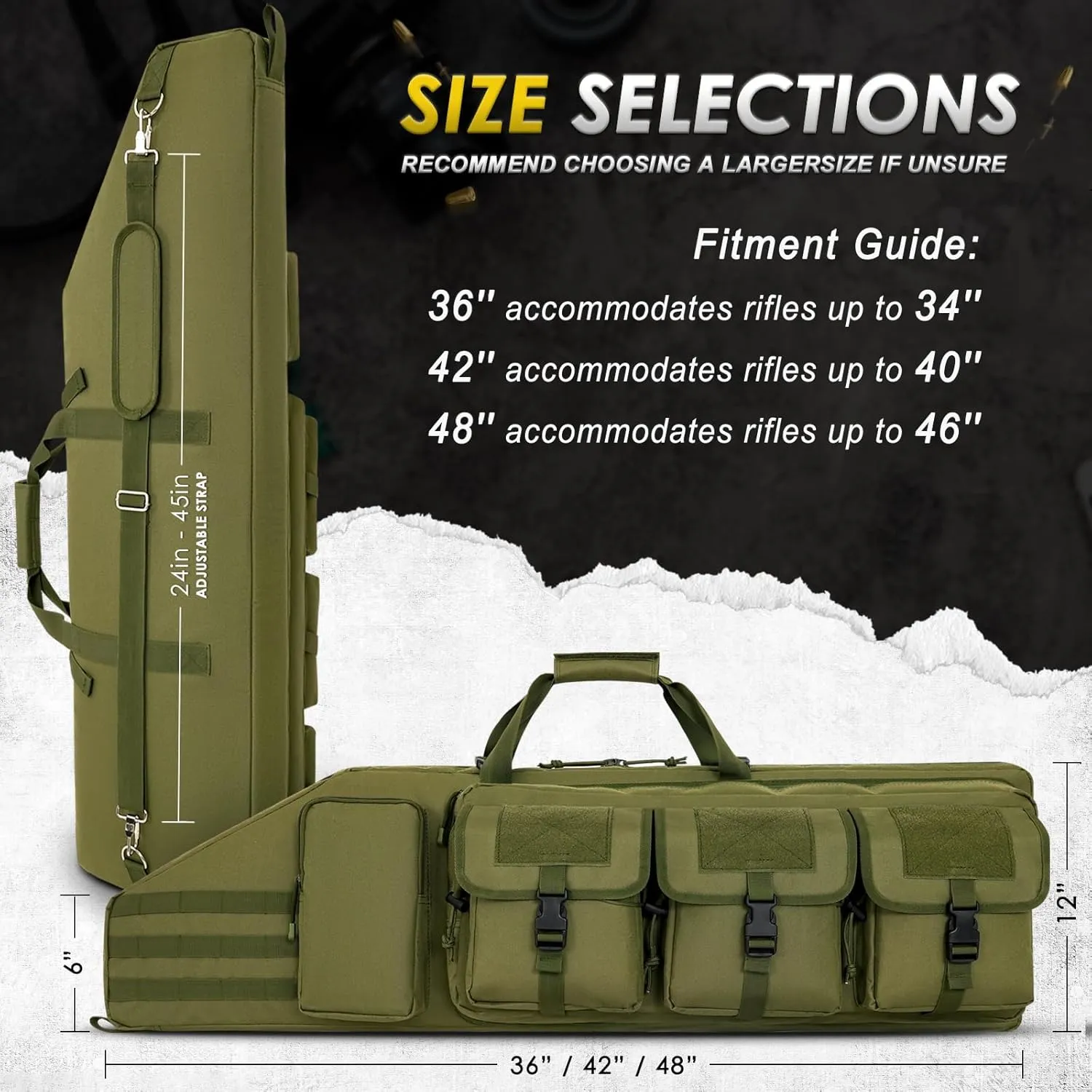 DULCE DOM Double Rifle Case 36/42/48 inch Soft Gun Bag Tactical Backpack with Removable Dividers for Hunting Shooting Range, MOLLE System Multiple Magazine Pouches & Accessory Bags