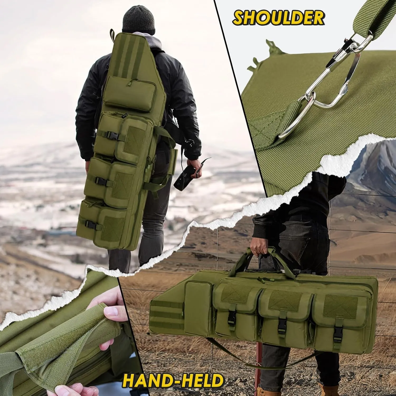 DULCE DOM Double Rifle Case 36/42/48 inch Soft Gun Bag Tactical Backpack with Removable Dividers for Hunting Shooting Range, MOLLE System Multiple Magazine Pouches & Accessory Bags