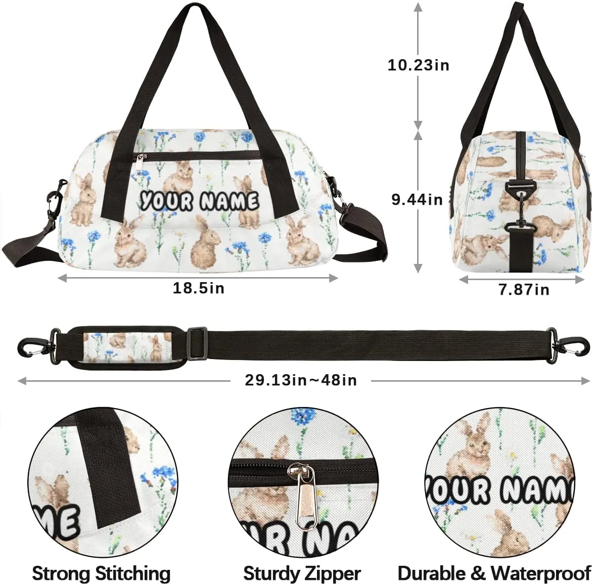 Easter Rabbit Floral Personalized Kids Duffel Bag for Girls Boys, Rabbit Debris Custom Dance Bag Overnight Small Duffel Bag Carry On Weekend Sports Travel Bag for School Practice Gymnastics Ballet