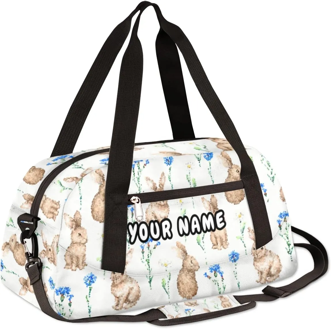 Easter Rabbit Floral Personalized Kids Duffel Bag for Girls Boys, Rabbit Debris Custom Dance Bag Overnight Small Duffel Bag Carry On Weekend Sports Travel Bag for School Practice Gymnastics Ballet