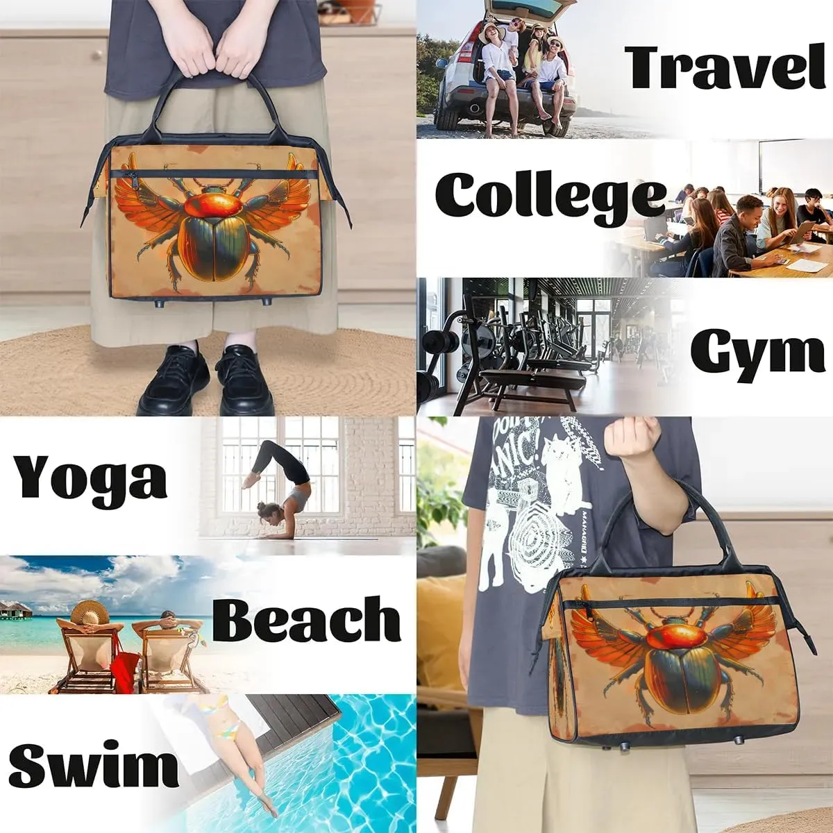 Egyptian Scarab Sun Wings Travel Duffle Bag, Waterproof Duffel Bag Weekender Overnight Carry On Bag Lightweight Sport Gym Bag for Men Women