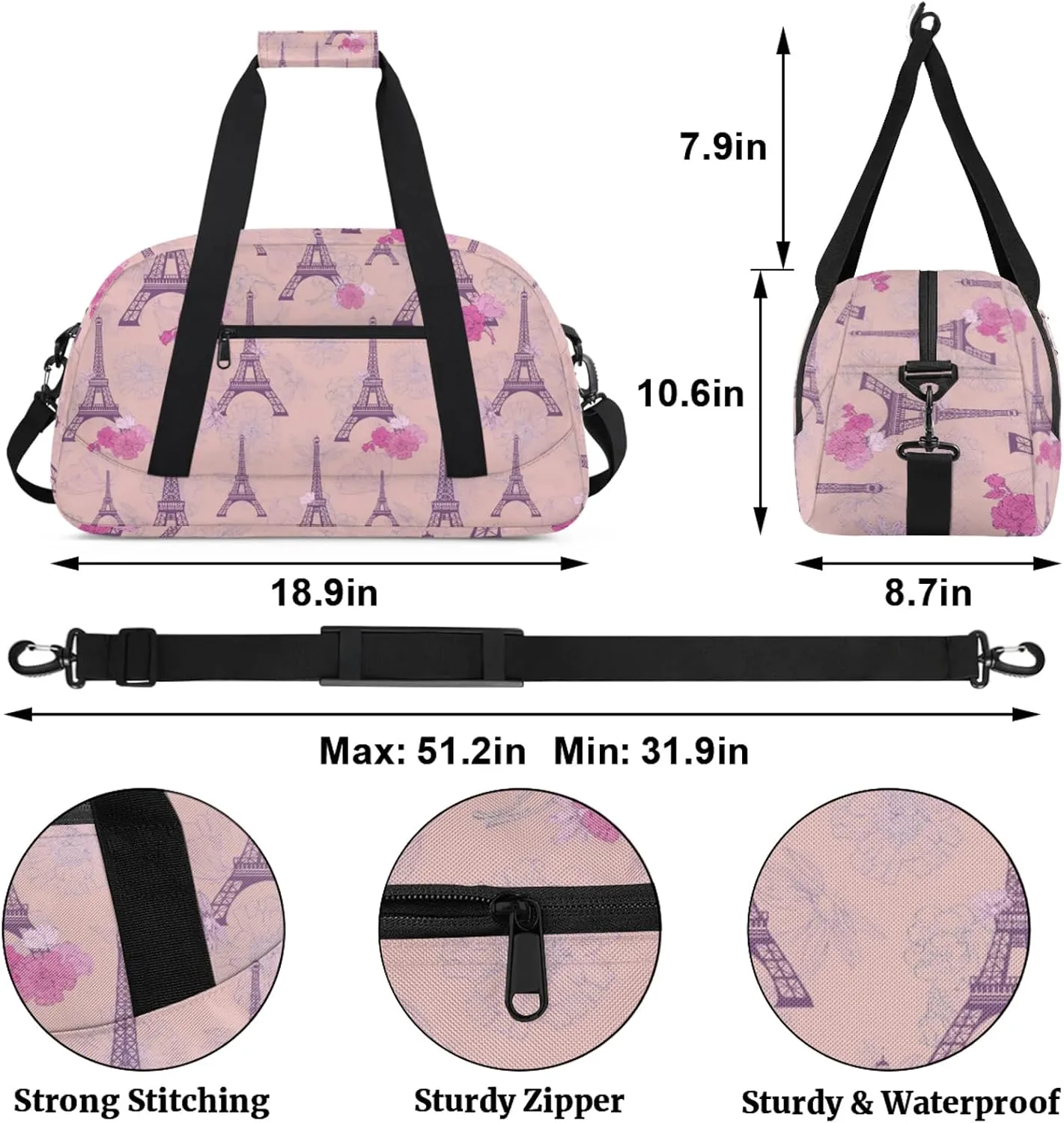 Eiffel Tower 18 inch Small Gym Bag for Women and Men, Lightweight Carry On Weekender Bag Mini Duffel Bag for Travel Sports Workout