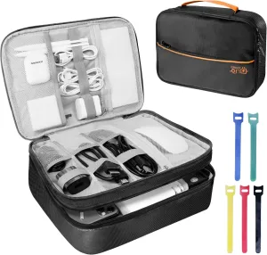 Electronics Travel Organizer, Large Double Layer Portable Waterproof Travel Organizer Bag for Charging Cable Storage, Ipad, Power Bank, Business and School ,5pcs Cable Ties-Black