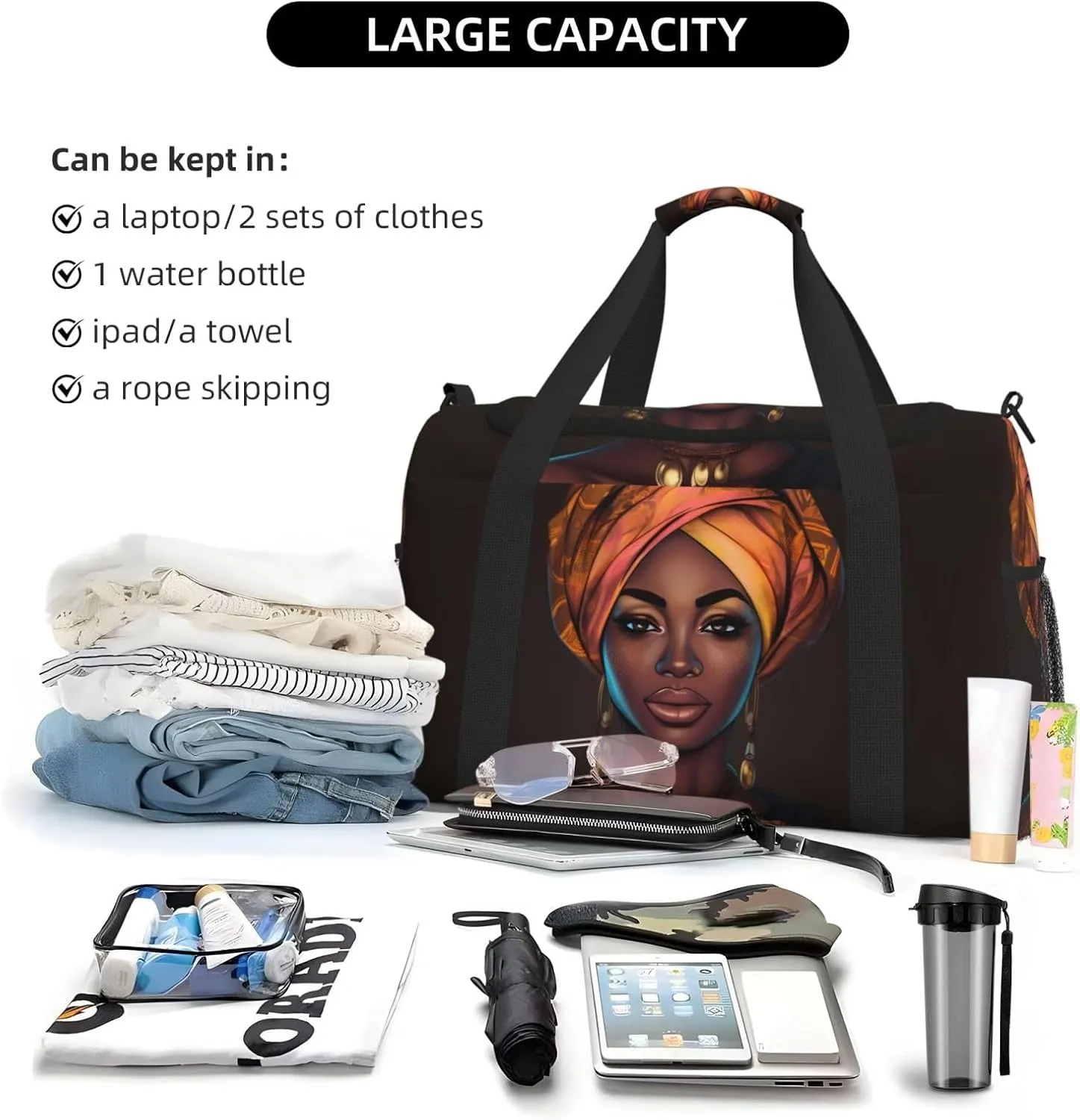 Elegant Black Woman Big Capacity Sports Gym Bag Portable Travel Duffle Bag, Lightweight Weekender Workout Bag for Overnight, Unisex