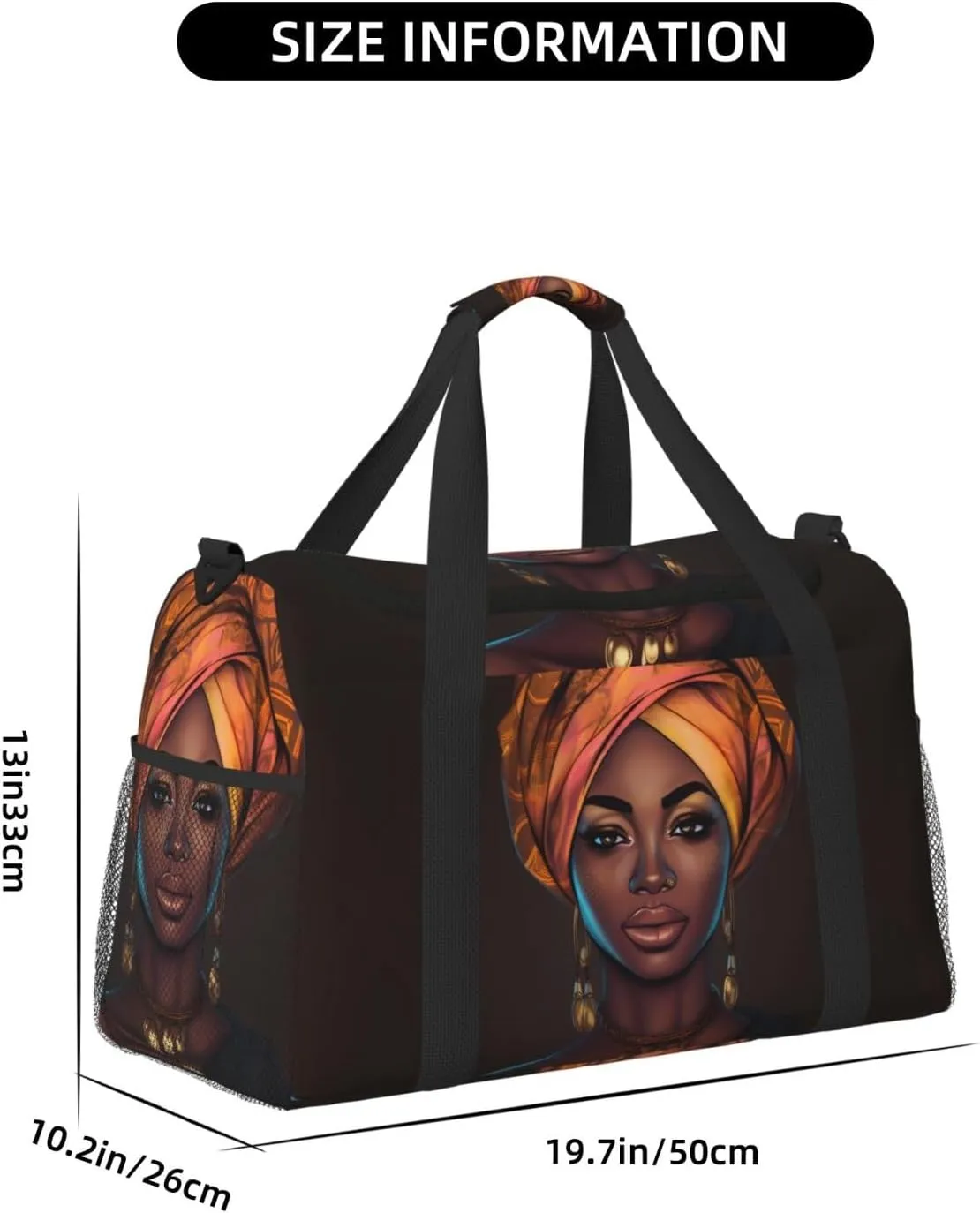 Elegant Black Woman Big Capacity Sports Gym Bag Portable Travel Duffle Bag, Lightweight Weekender Workout Bag for Overnight, Unisex