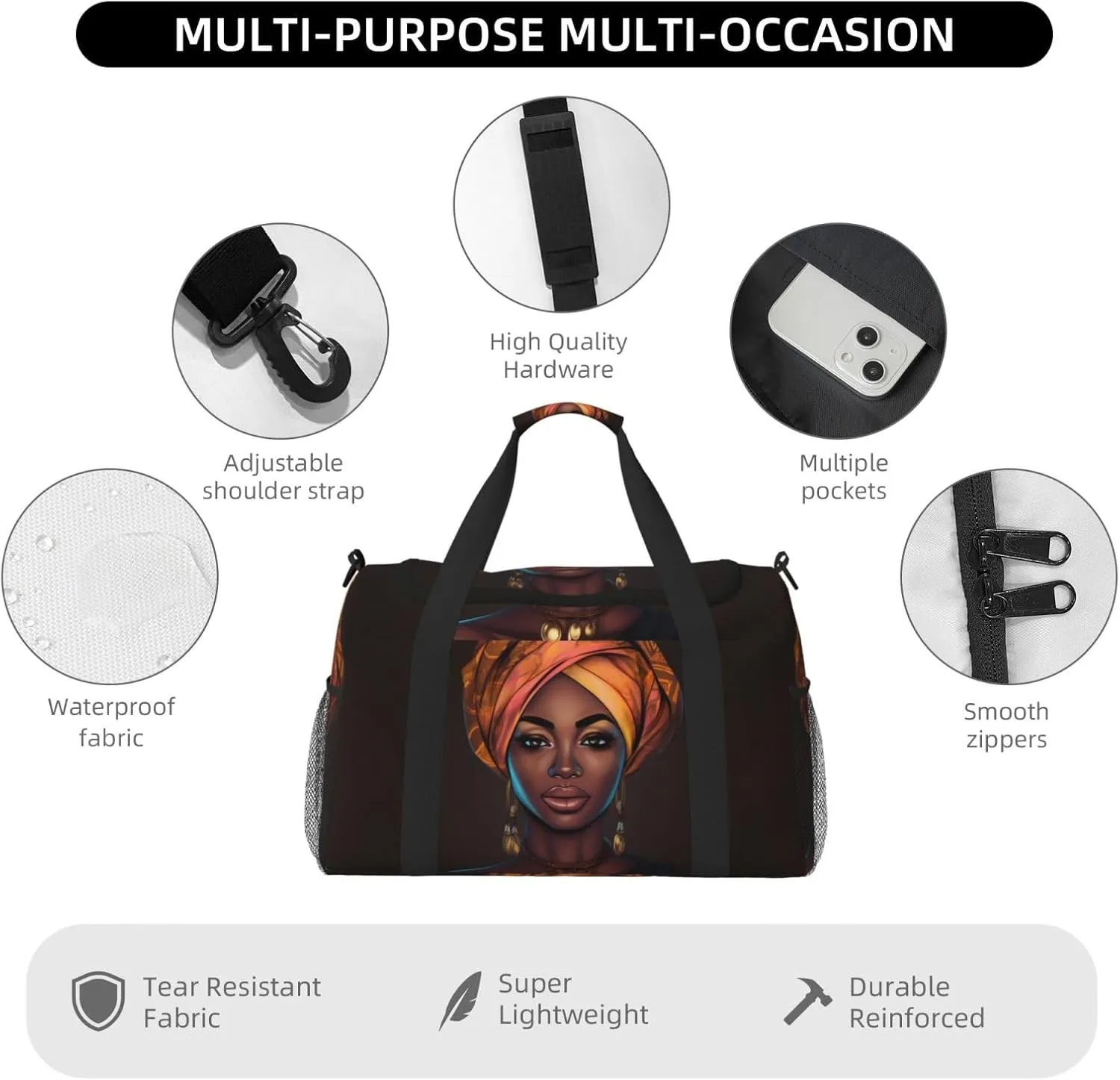 Elegant Black Woman Big Capacity Sports Gym Bag Portable Travel Duffle Bag, Lightweight Weekender Workout Bag for Overnight, Unisex