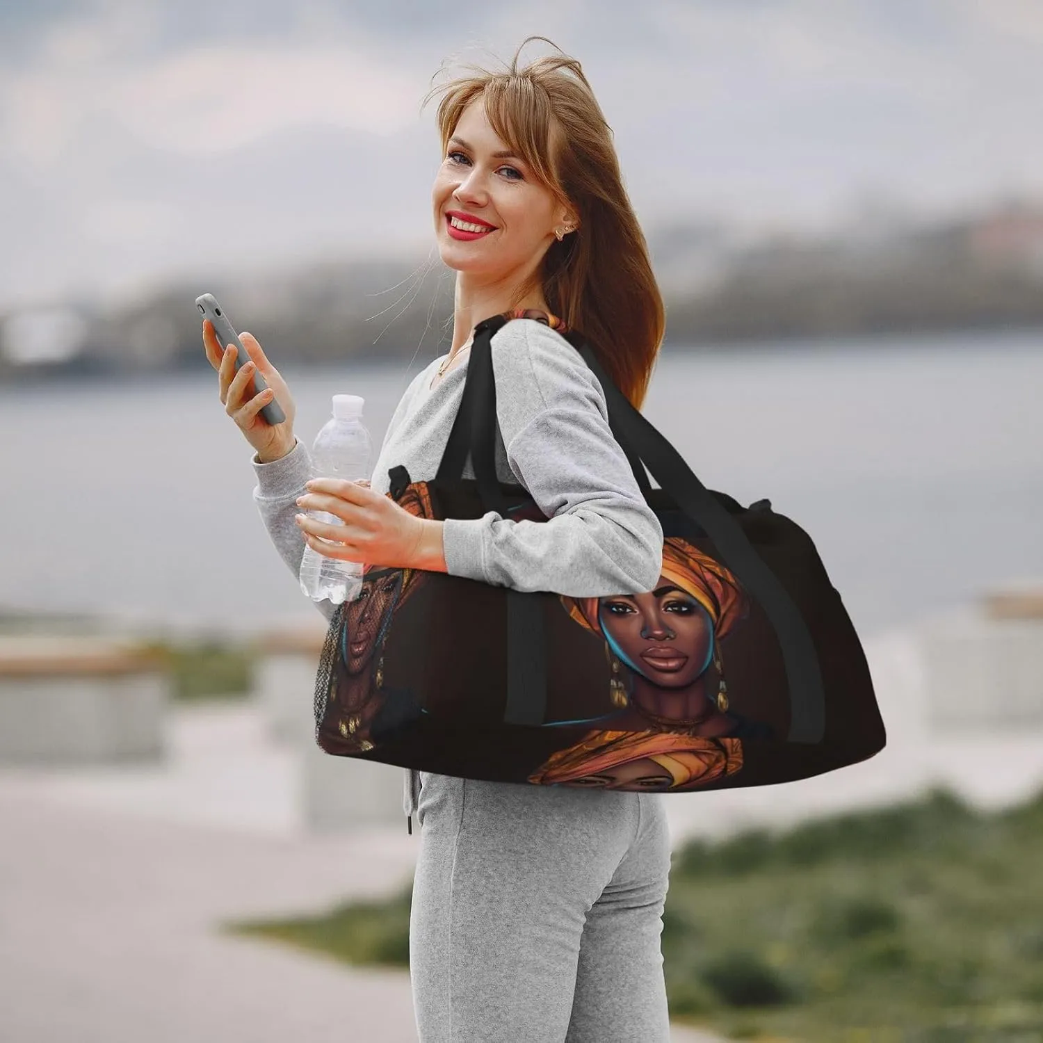 Elegant Black Woman Big Capacity Sports Gym Bag Portable Travel Duffle Bag, Lightweight Weekender Workout Bag for Overnight, Unisex